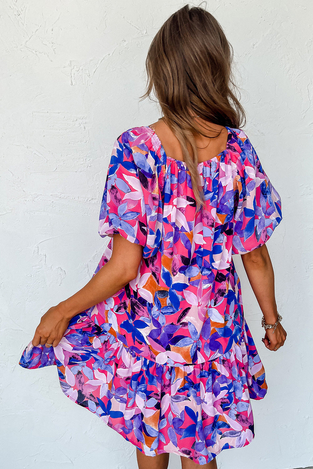 Purple Flower Print Short Puff Sleeve Ruffled Dress. GCollection