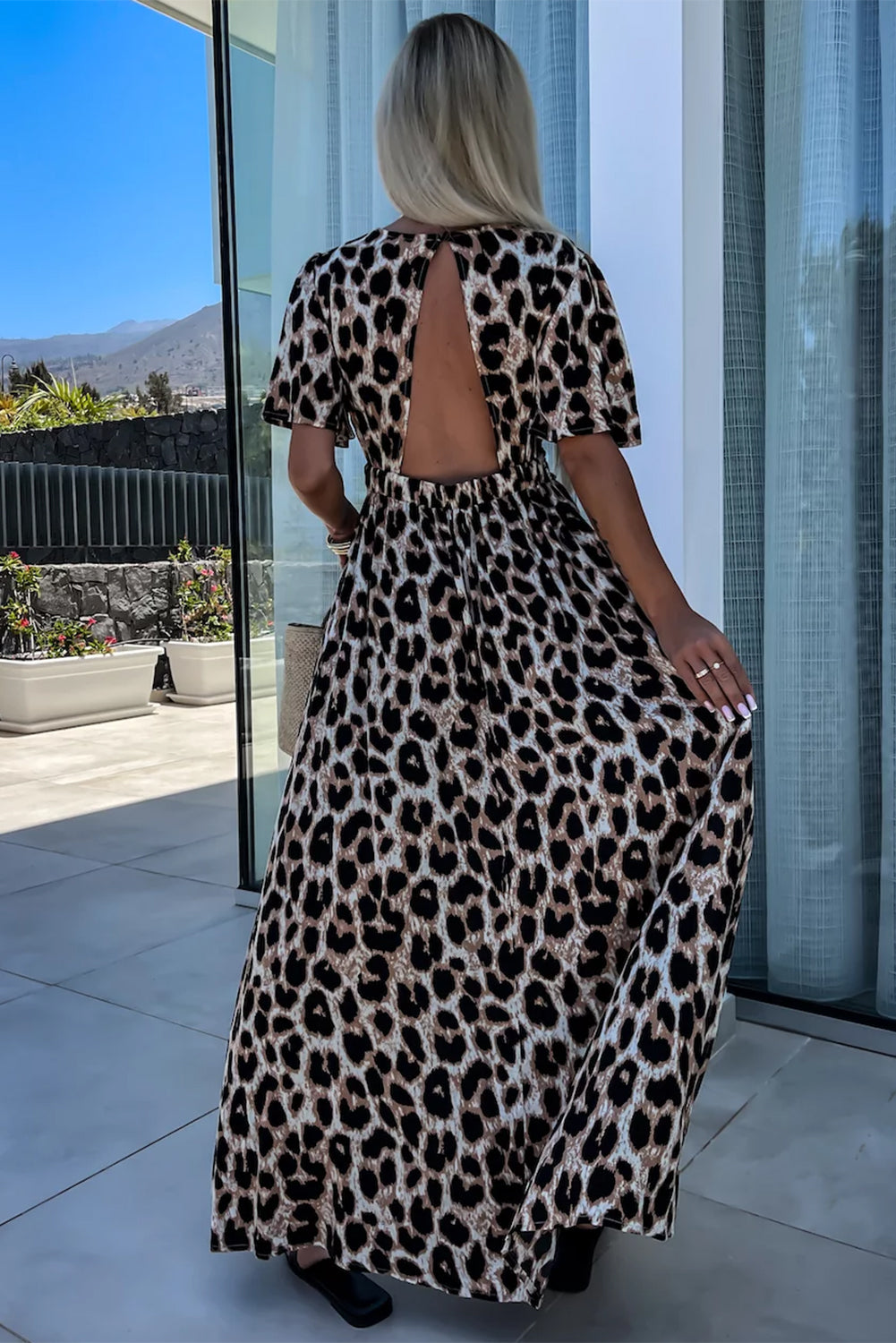 Leopard V Neck Cinched High Waist Open Back Maxi Dress. GCollection
