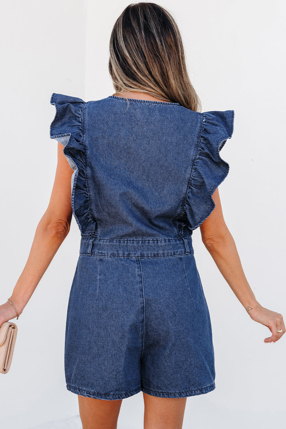 Sail Blue Denim Ruffled Zipped Front Belted Romper. GCollection