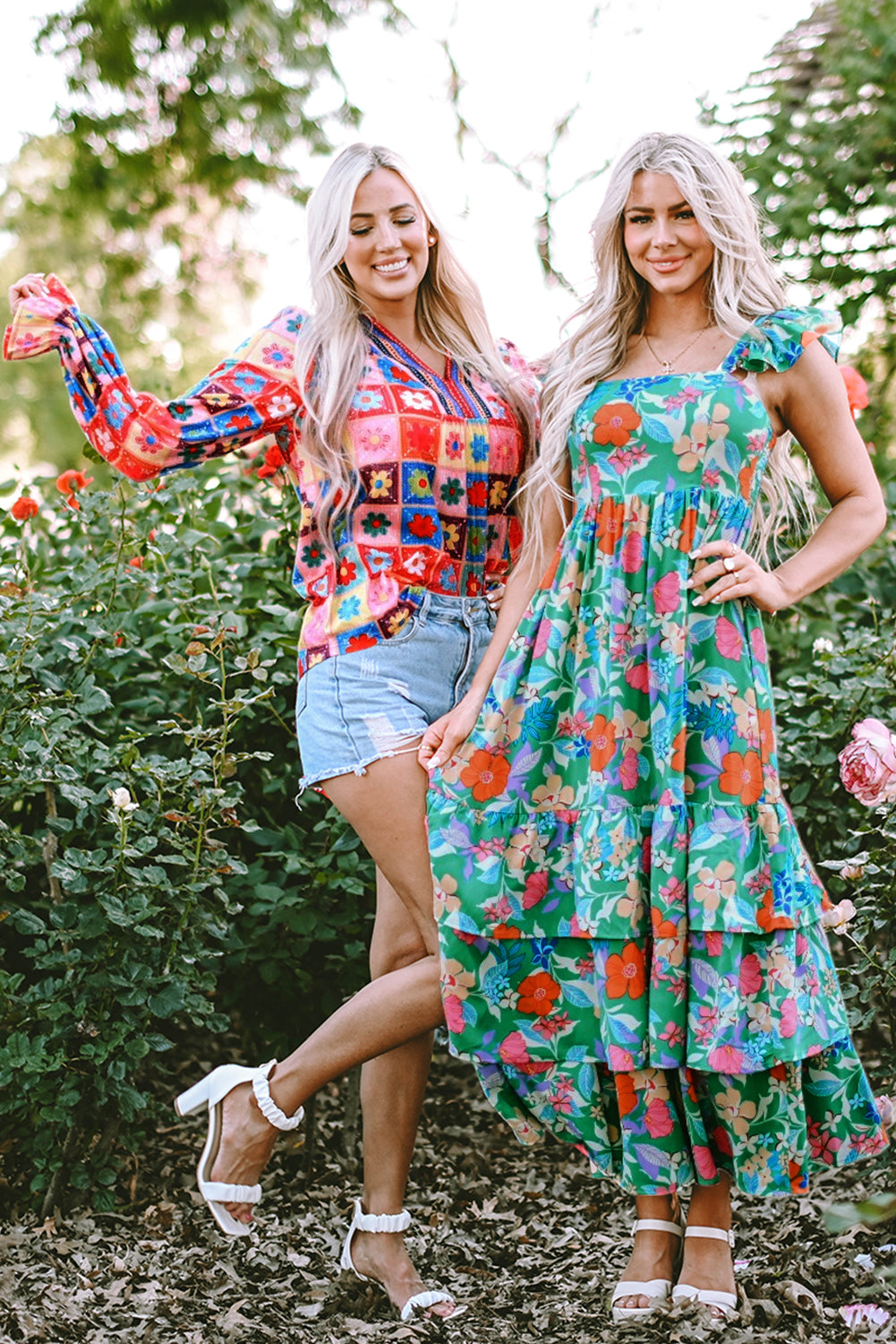 Green Floral Print Sleeveless Ruffle Tiered Maxi Dress. GCollection