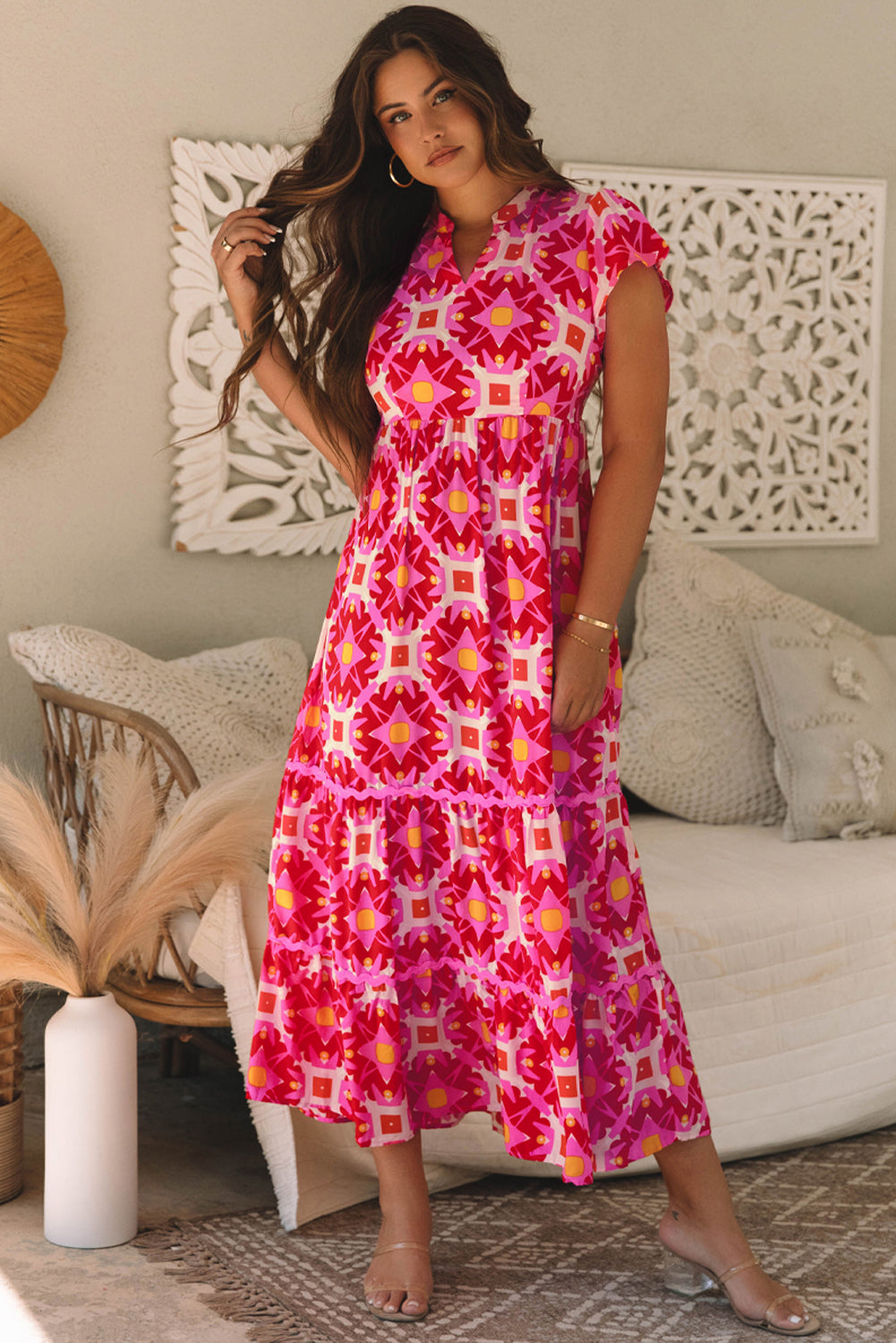 Strawberry Pink Geo Print V-neck Maxi Dress. GCollection