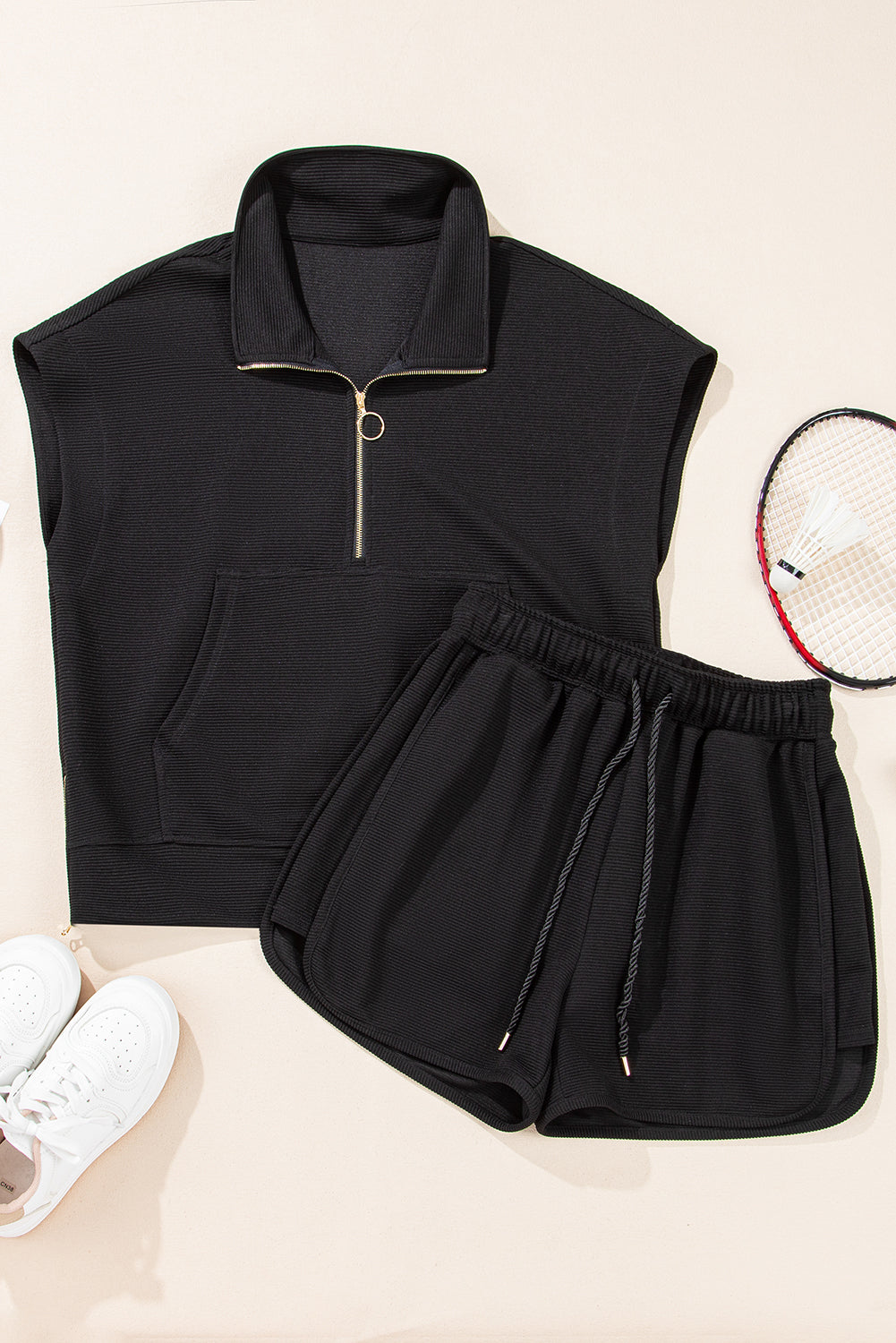 Black Textured Shorts Set. GCollection