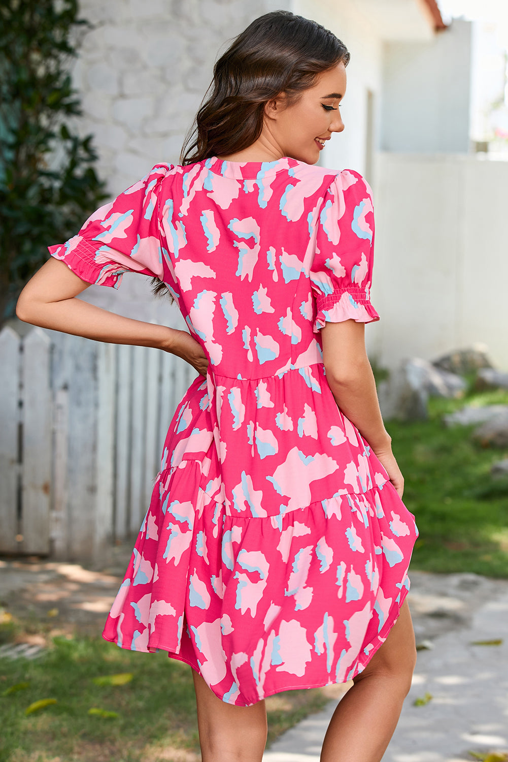 Pink Abstract Printed Puff Short Sleeve Tiered Loose Dress. GCollection