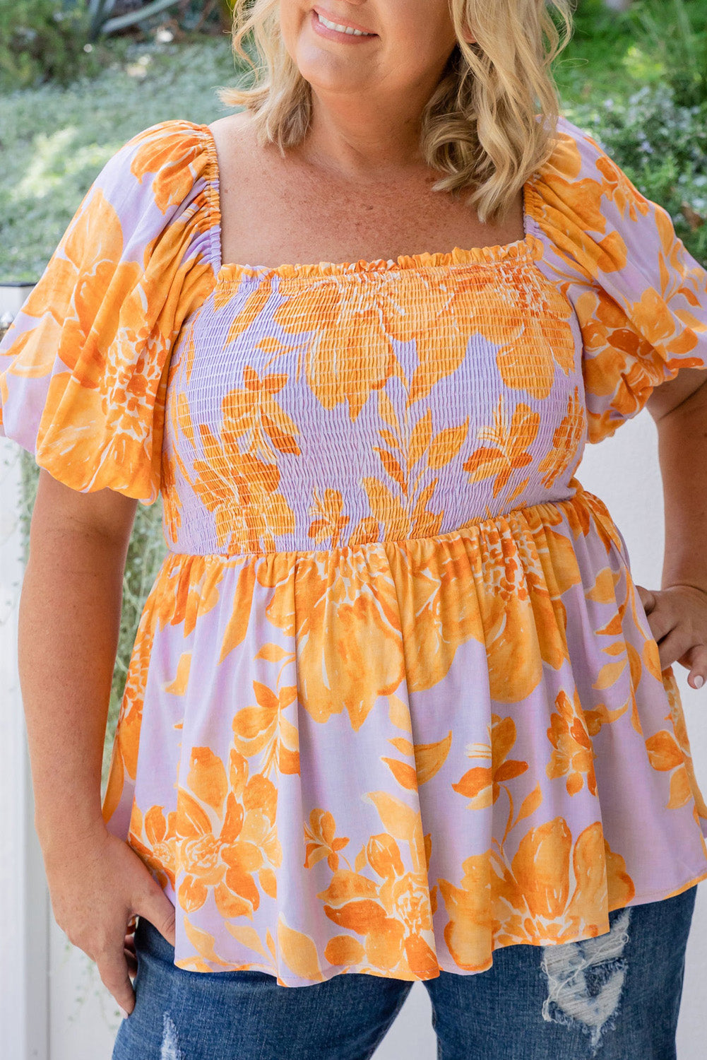 Floral Puff Sleeve Smocked Plus Size Babydoll Blouse. PSCollection