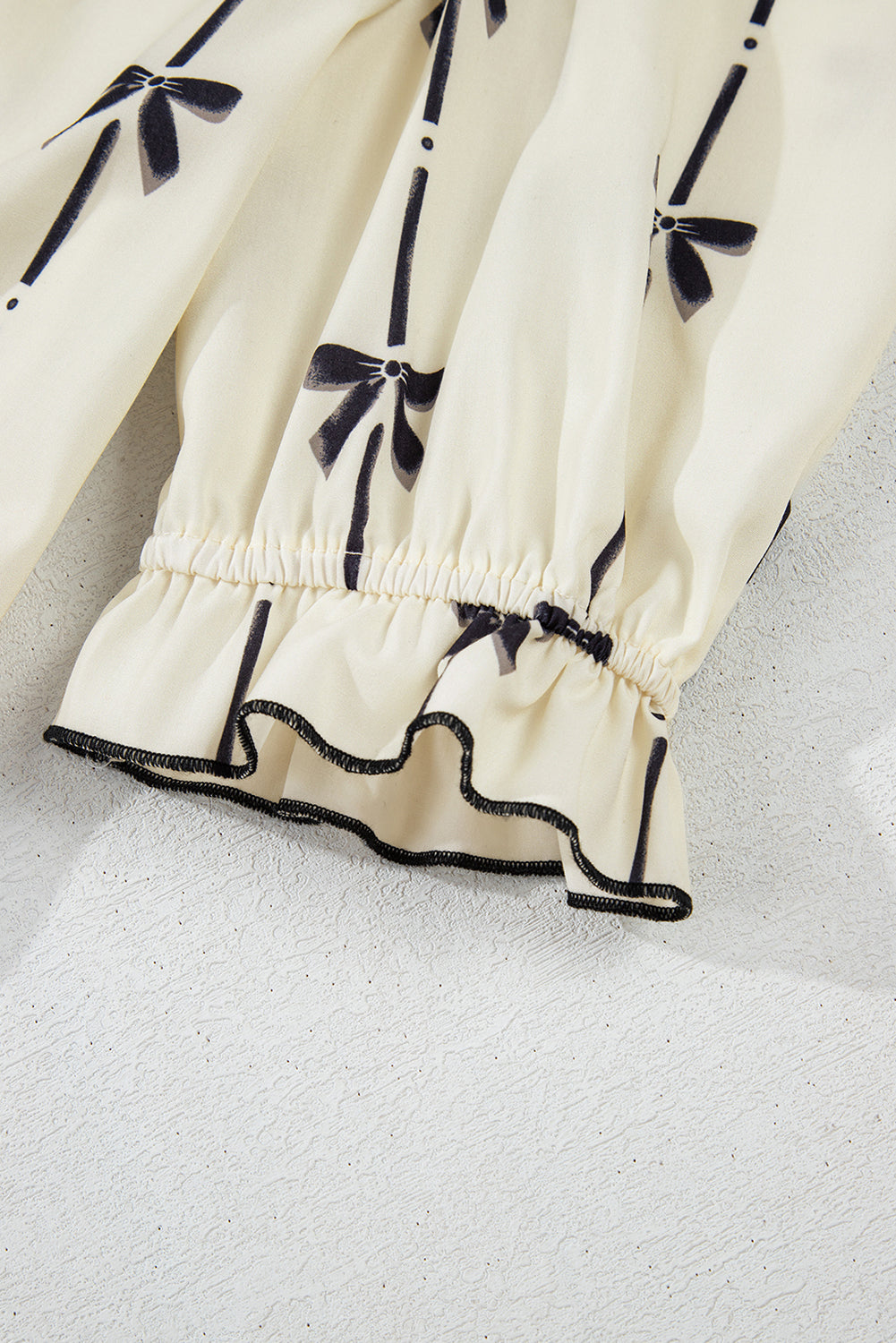 Beige Cute Bowknot Printed Bubble Sleeve V Neck Mini Dress. GCollection