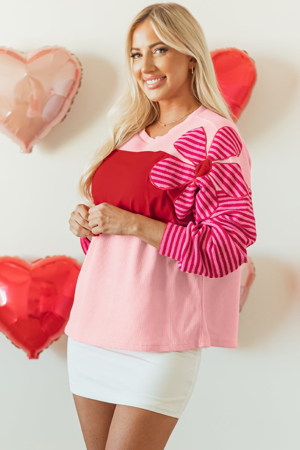 Pink Floral Patch Color Block Striped Sleeve Textured Top. GCollection