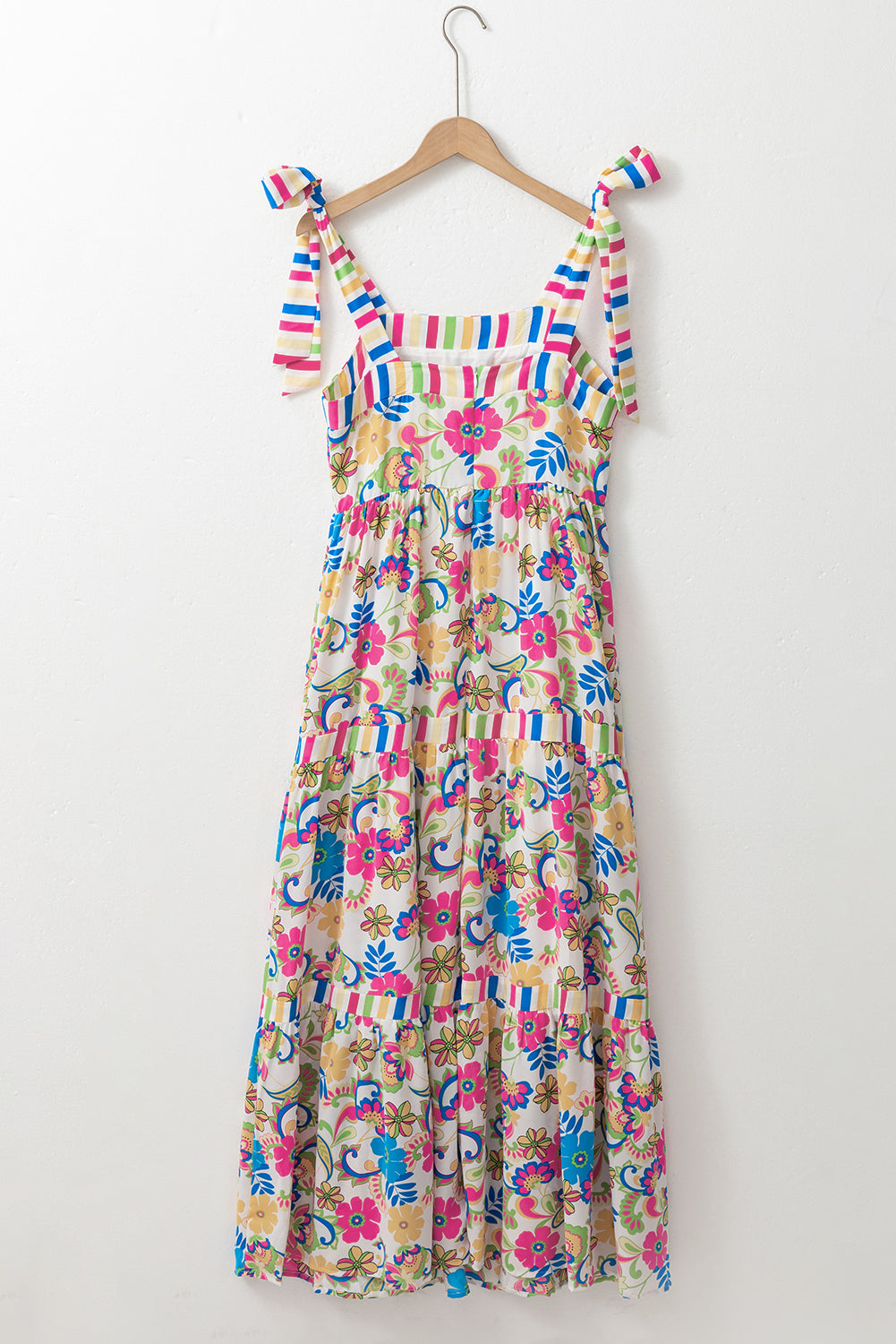 Rose Red Striped Trim Self-tie Straps Floral Maxi Dress. GCollection