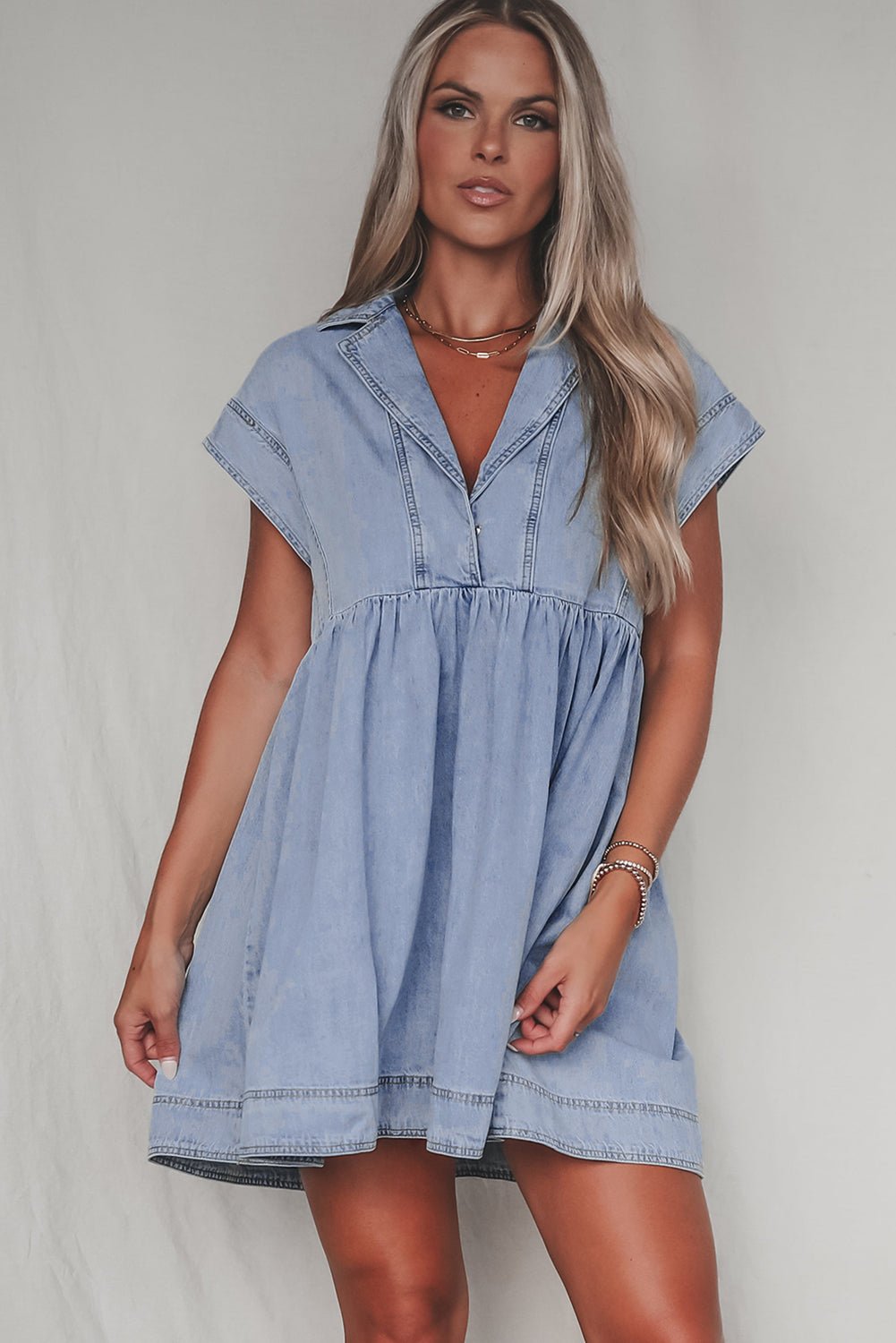 Blue Lapel Neck Cap Sleeve High Waist Denim Babydoll Dress. GCollection