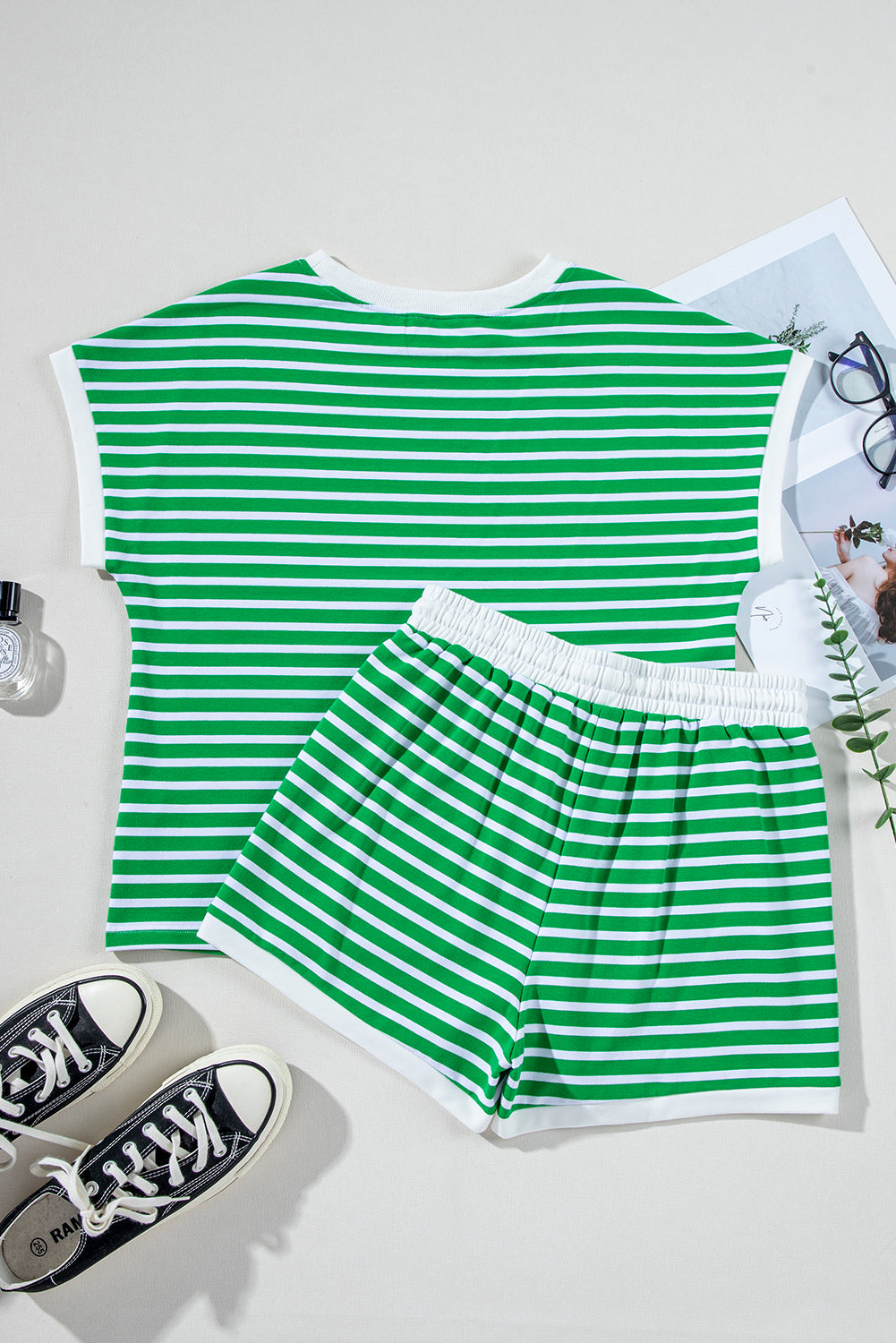 Dark Green Striped Cap Sleeve Tee and Shorts Set. GCollection