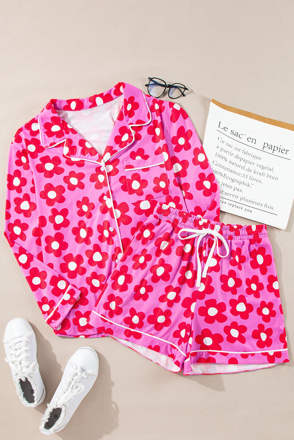 Pink Flower Print Long Sleeve Pajamas Set. GCollection
