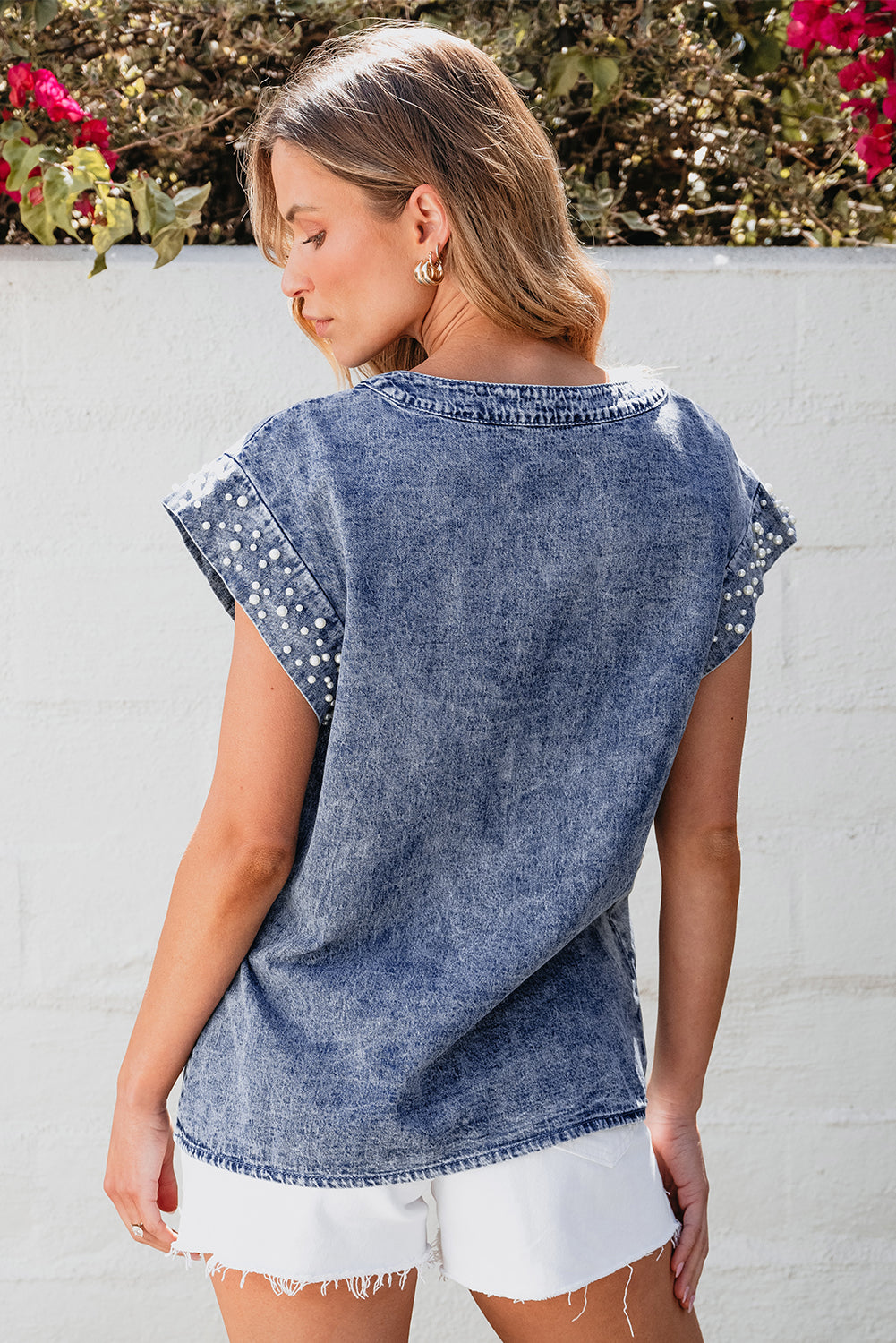Blue Acid Wash Pearl Embellishments Denim Top. GCollection