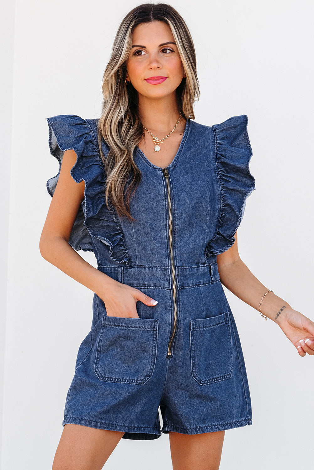 Sail Blue Denim Ruffled Zipped Front Belted Romper. GCollection