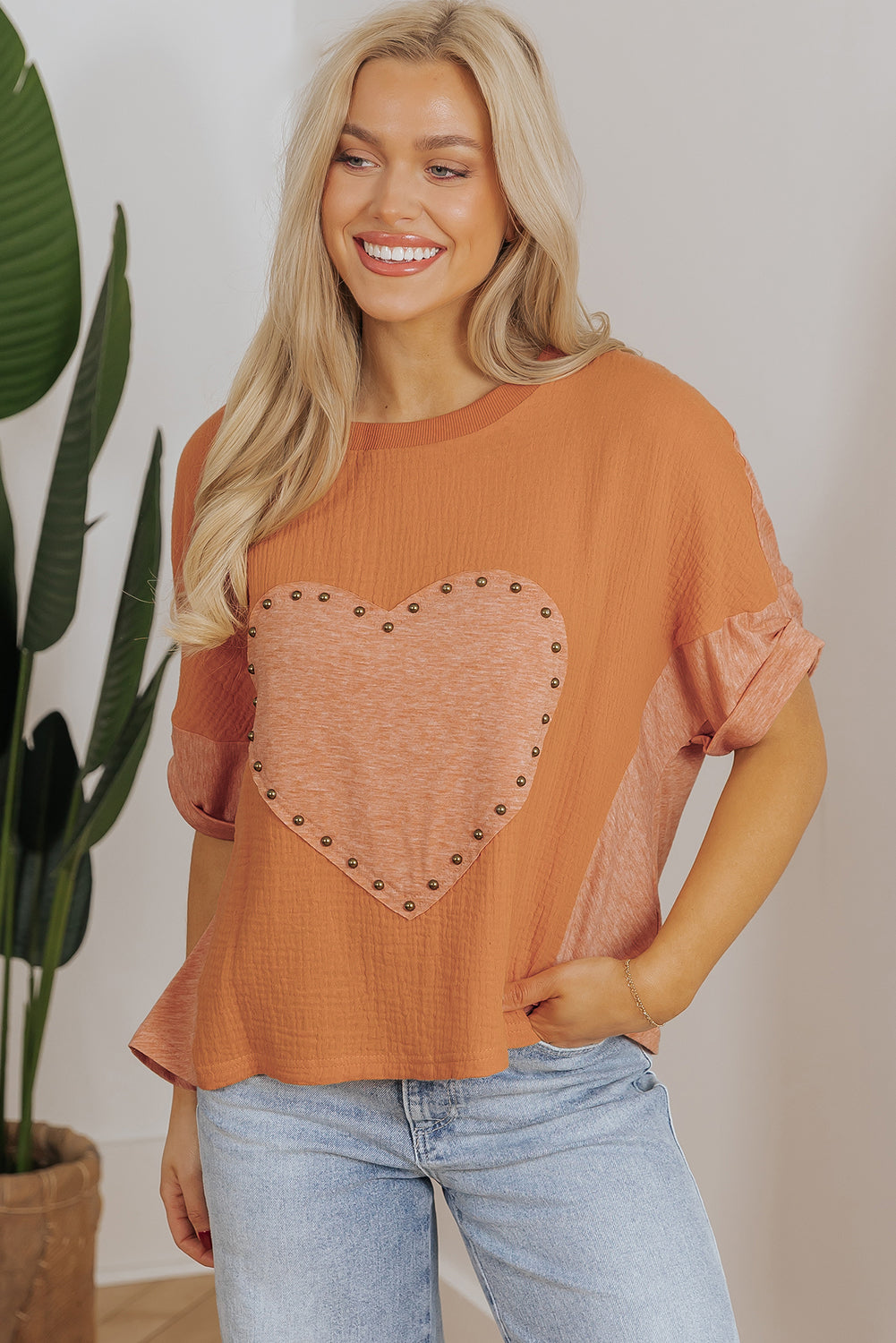 Desert Gold Stud Heart Patch Textured Top. GCollection