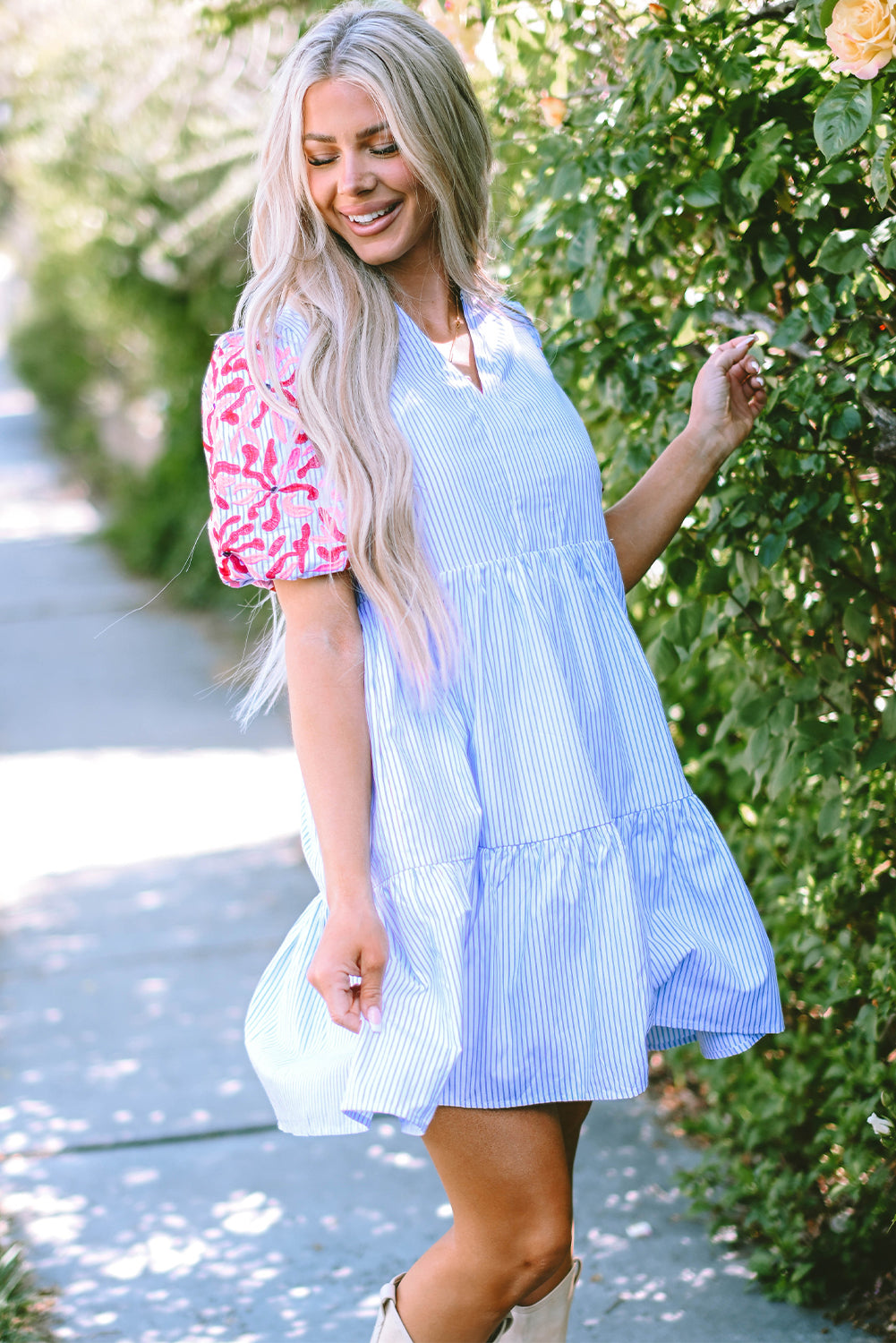 Sky Blue Stripe Contrast Floral Puff Sleeve Tiered Ruffle Dress. GCollection