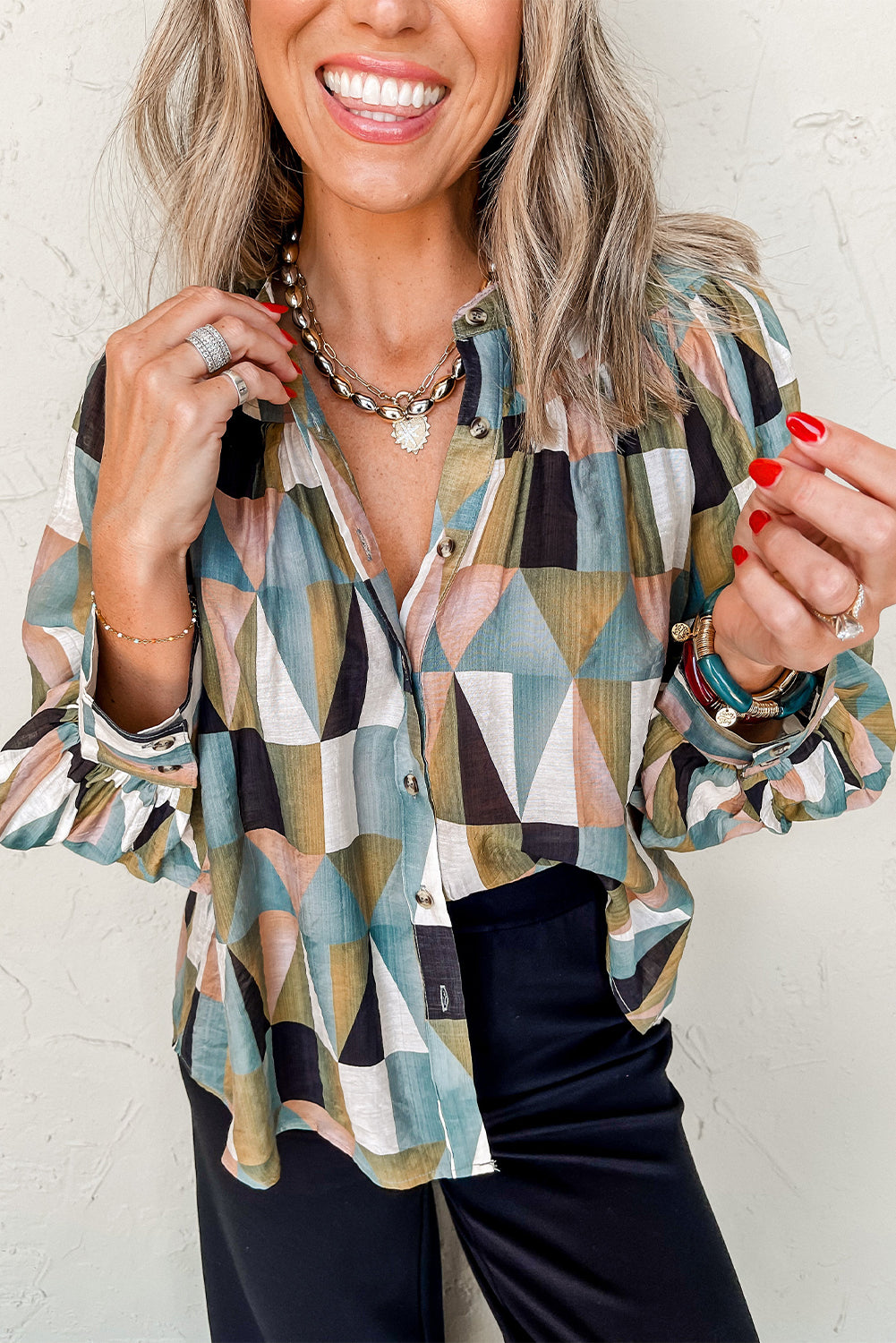 Green Geometric Balloon Sleeve Loose Fit Shirt. GCollection