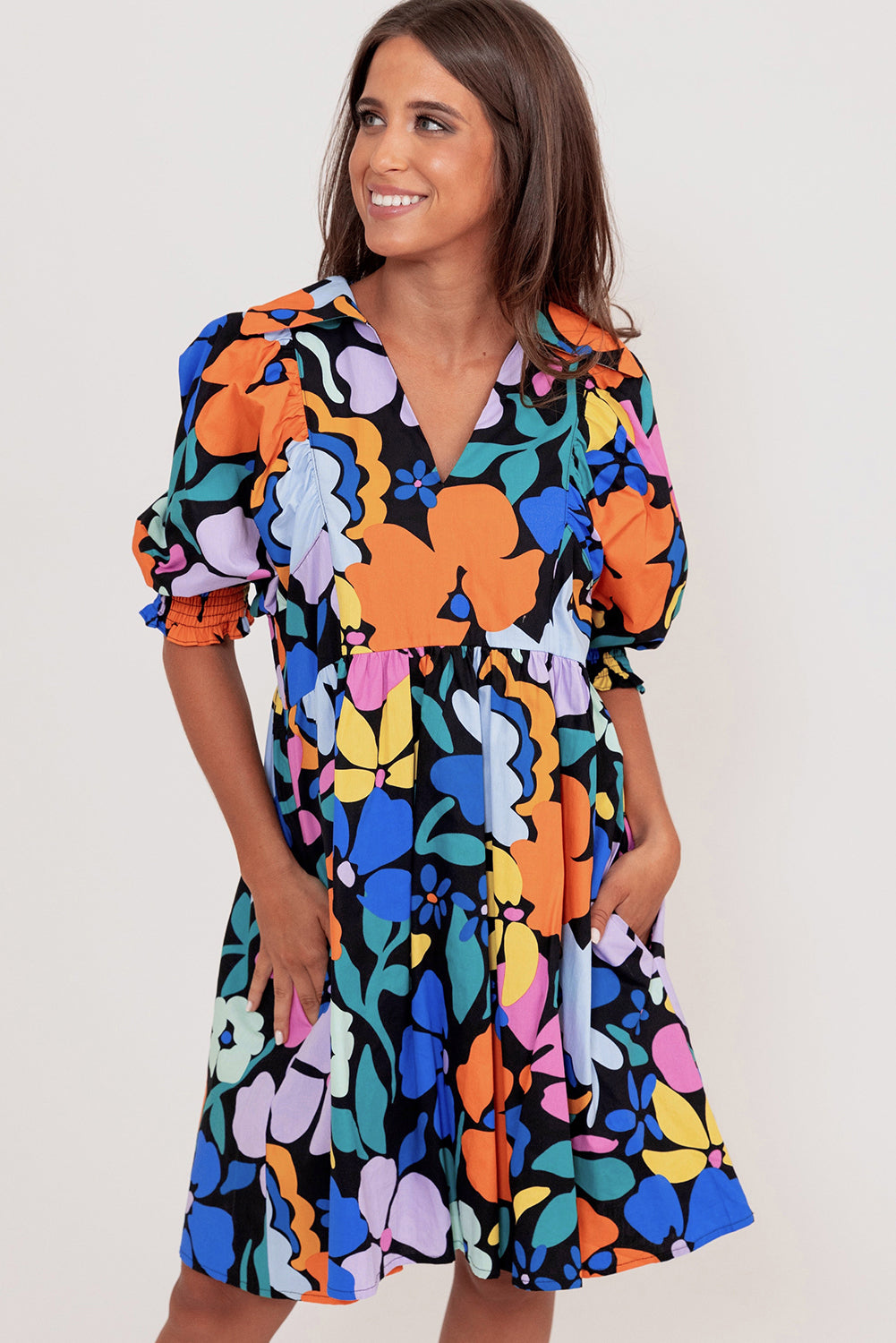 Blue Collared Split Neck Floral Flared Dress. GCollection
