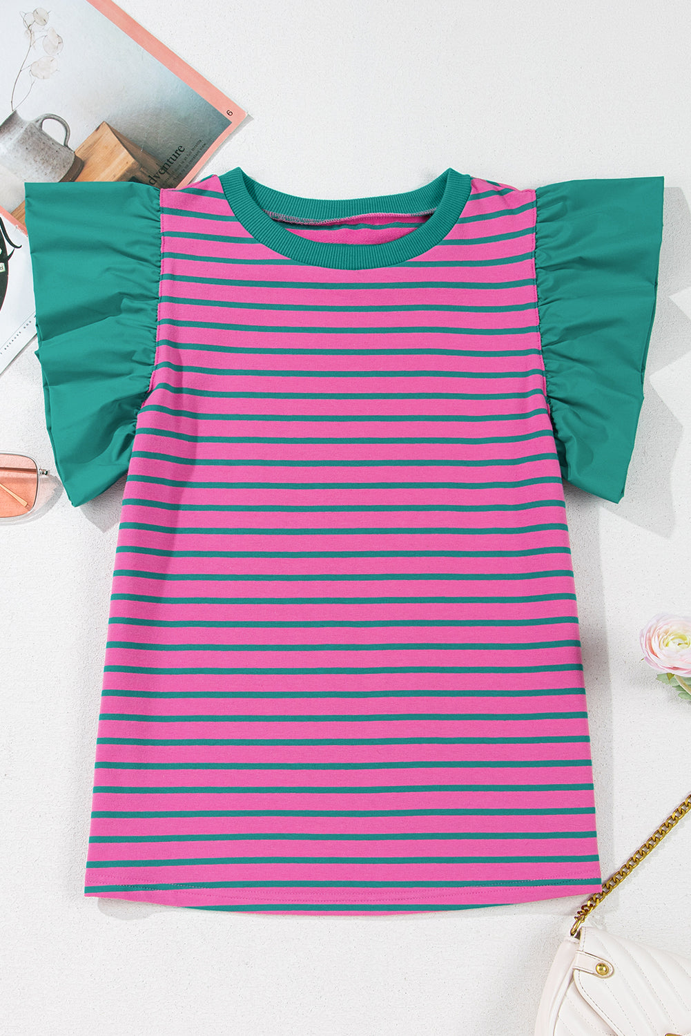 Pink Stripe Colorblock Ruffled Sleeve Crew Neck Blouse. GCollection