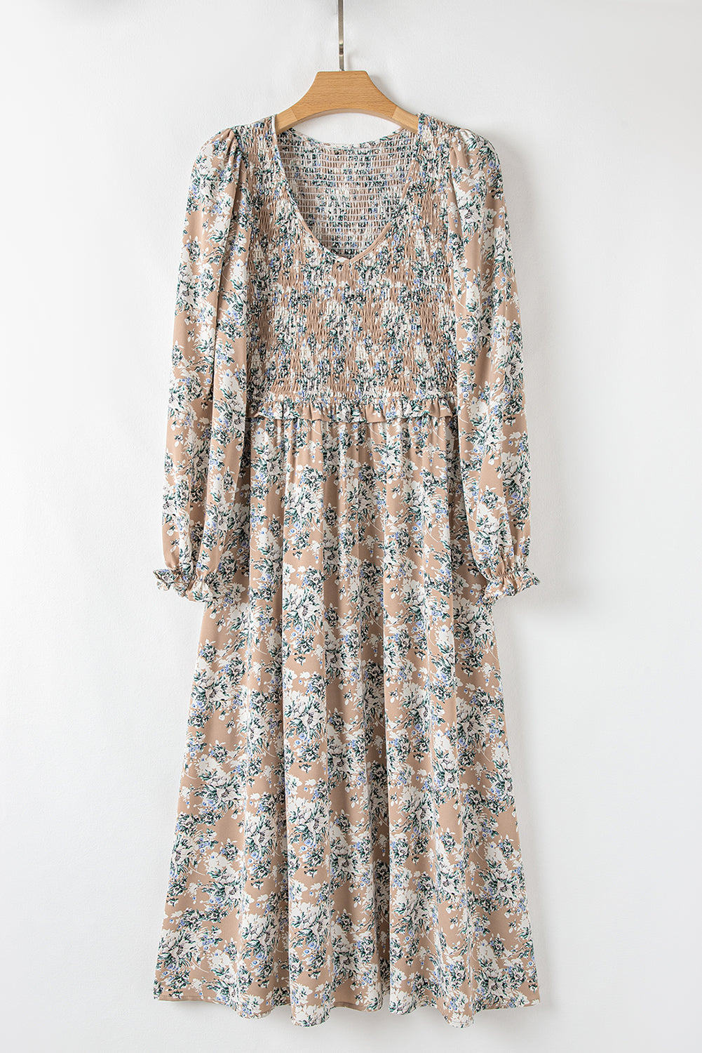 Khaki Maple Grove Floral Smocked Puff Sleeve Long Dress. GCollection