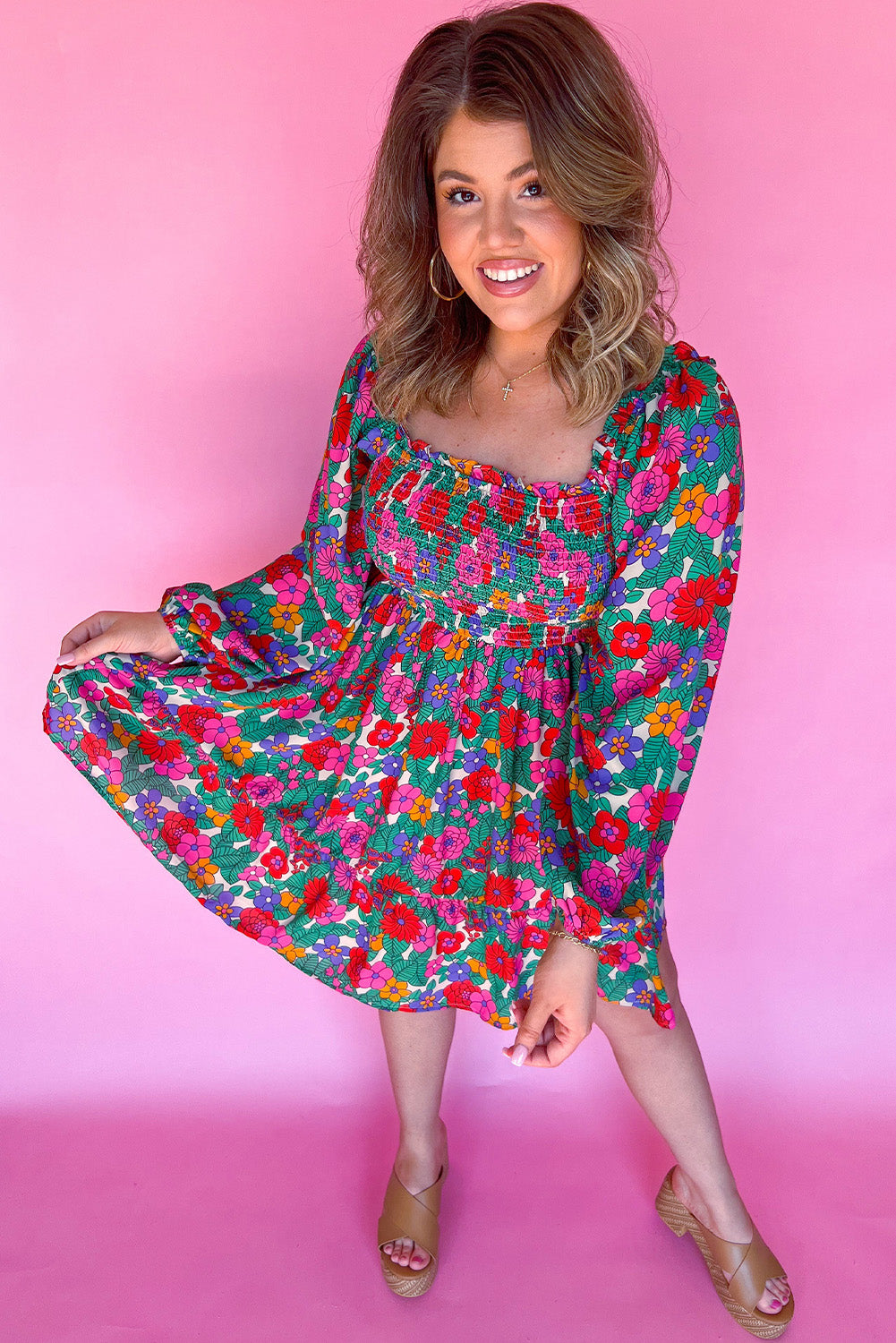 Floral Frilled Square Neck Shirred Long Sleeve Dress. PSCollection