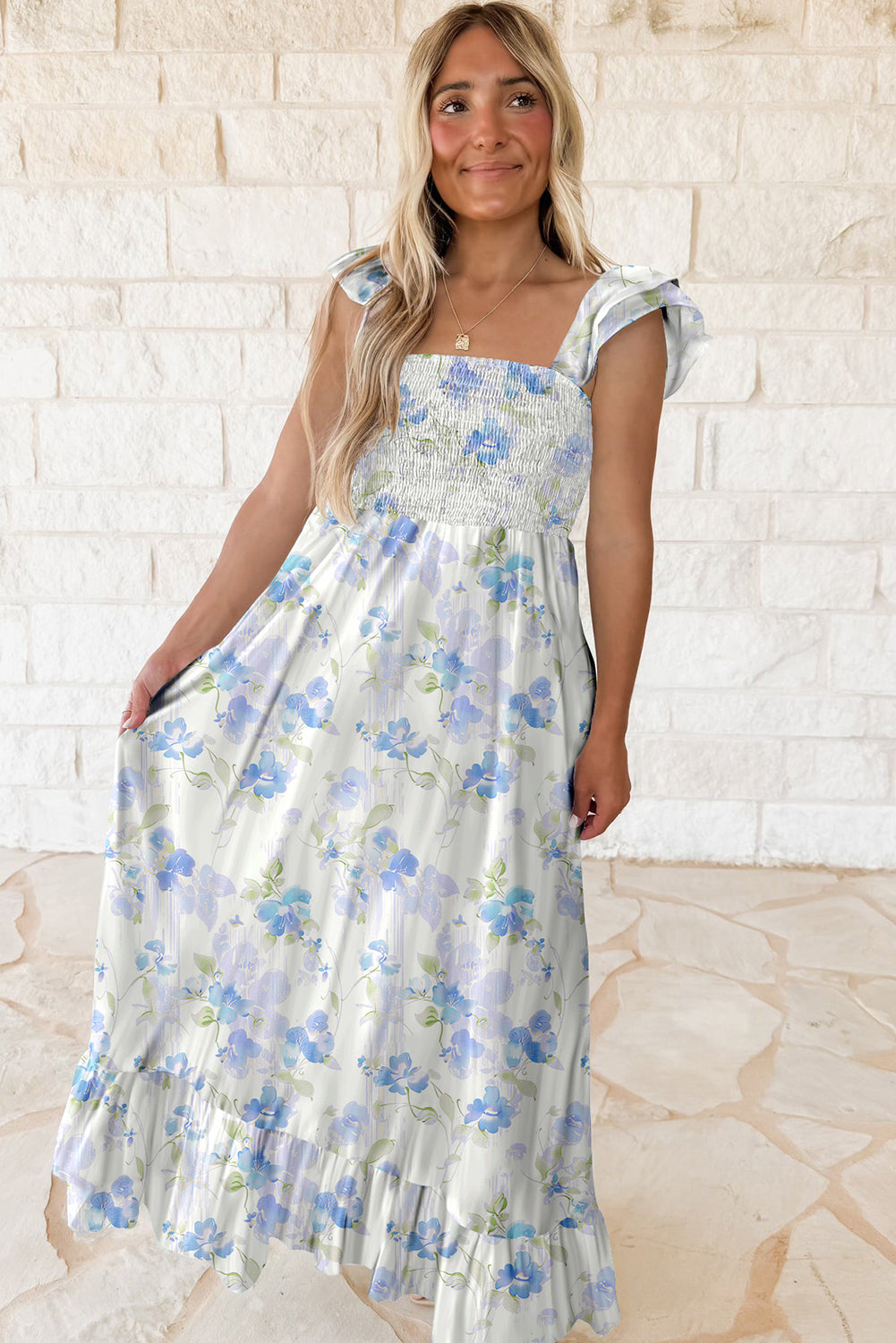 Sky Blue Floral Smocked High Waist Long Dress. GCollection