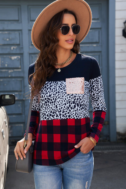 Leopard plaid and sequin long sleeve top