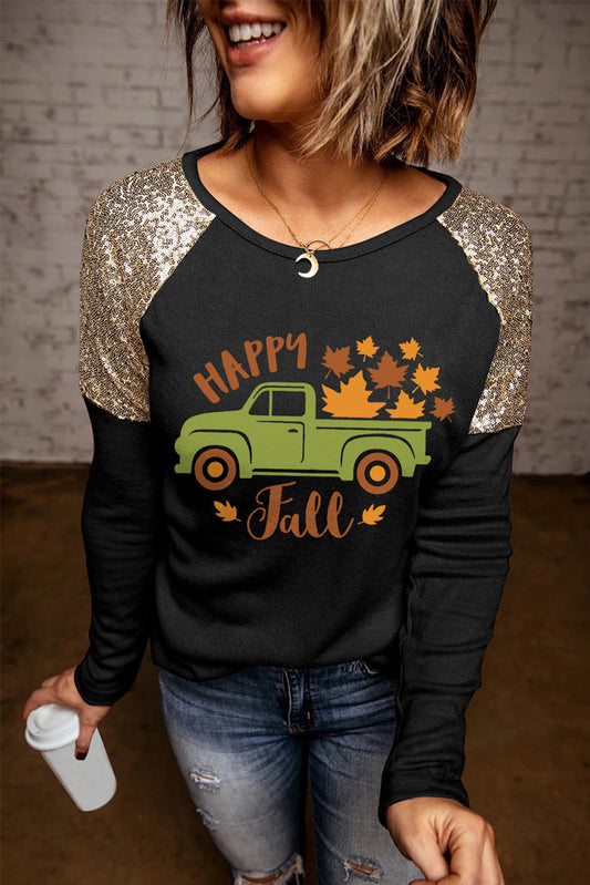 Black "Happy Fall" truck sequins long sleeves shirt