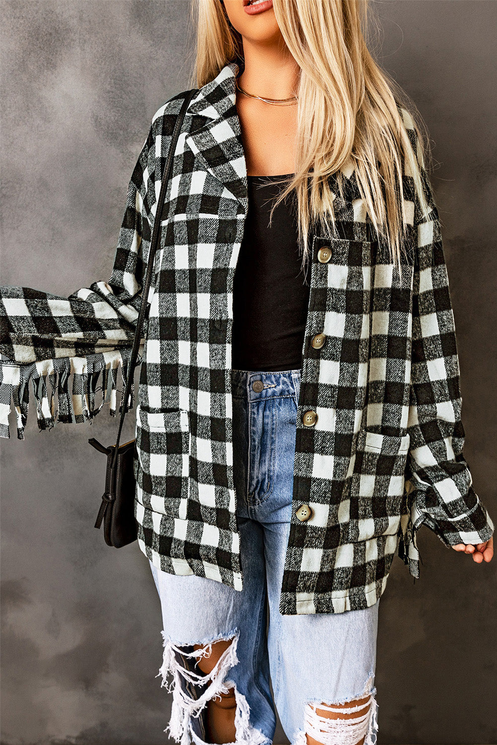Black fringed plaid print shacket