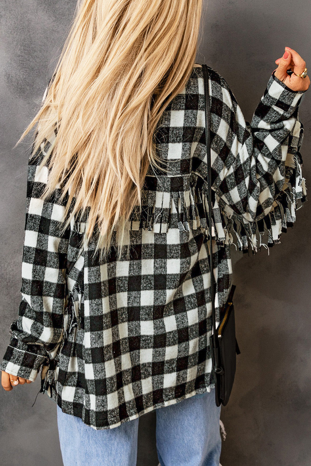 Black fringed plaid print shacket