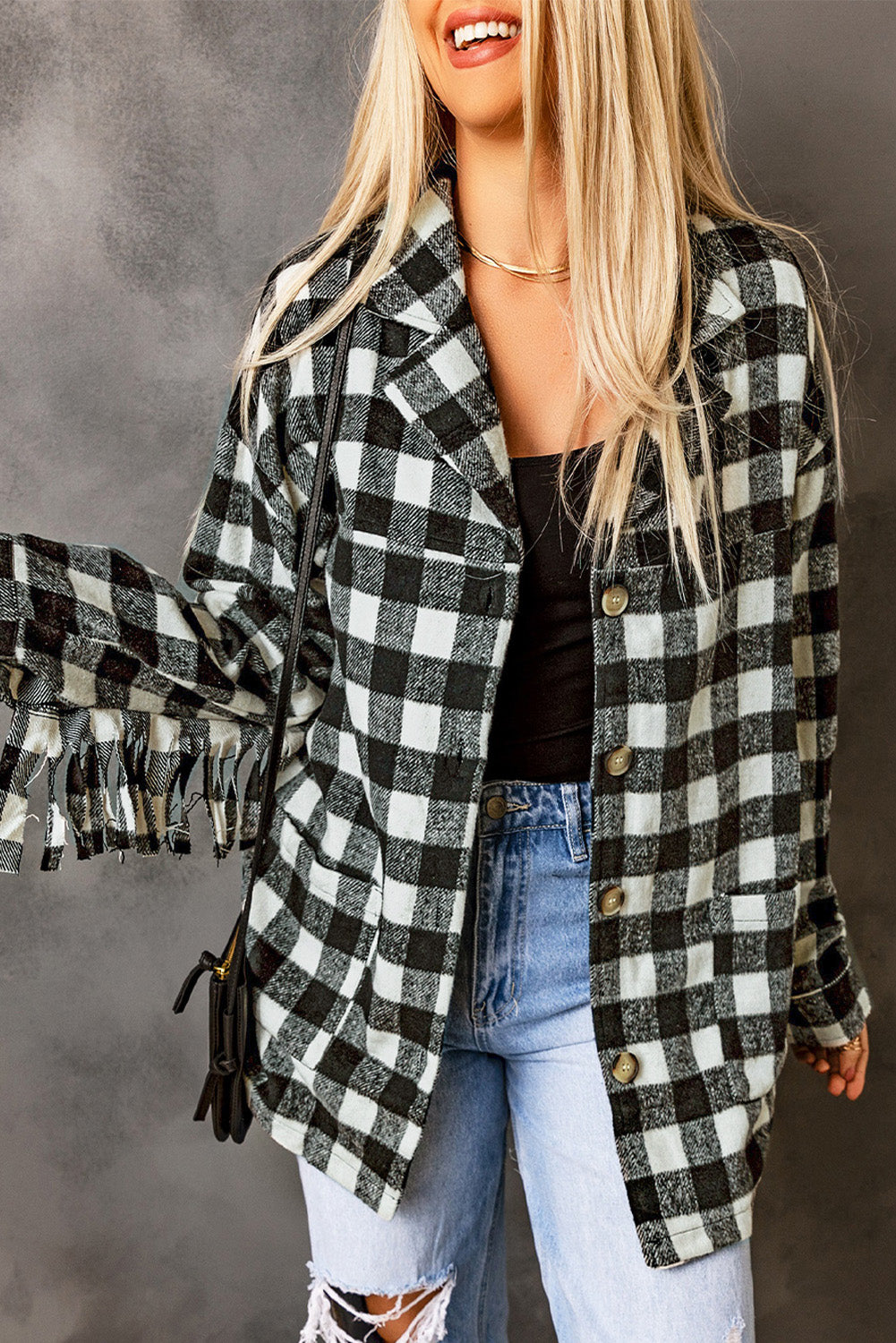 Black fringed plaid print shacket