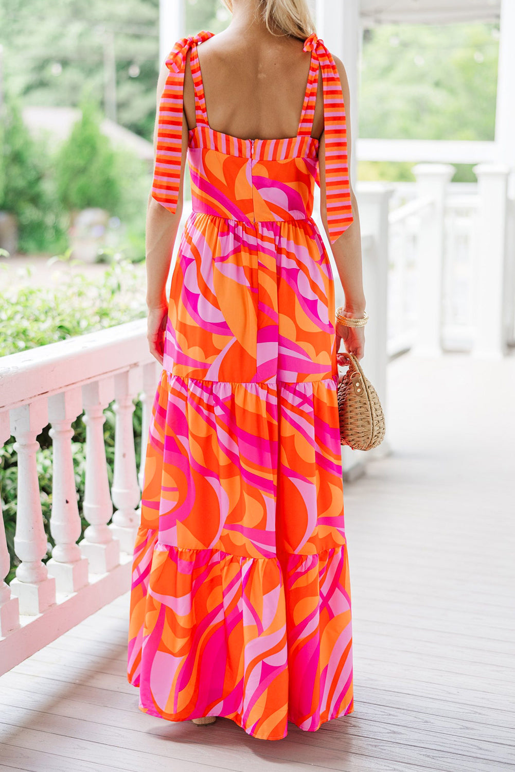Red Abstract Print Knotted Shoulder High Waist Maxi Dress. GCollection