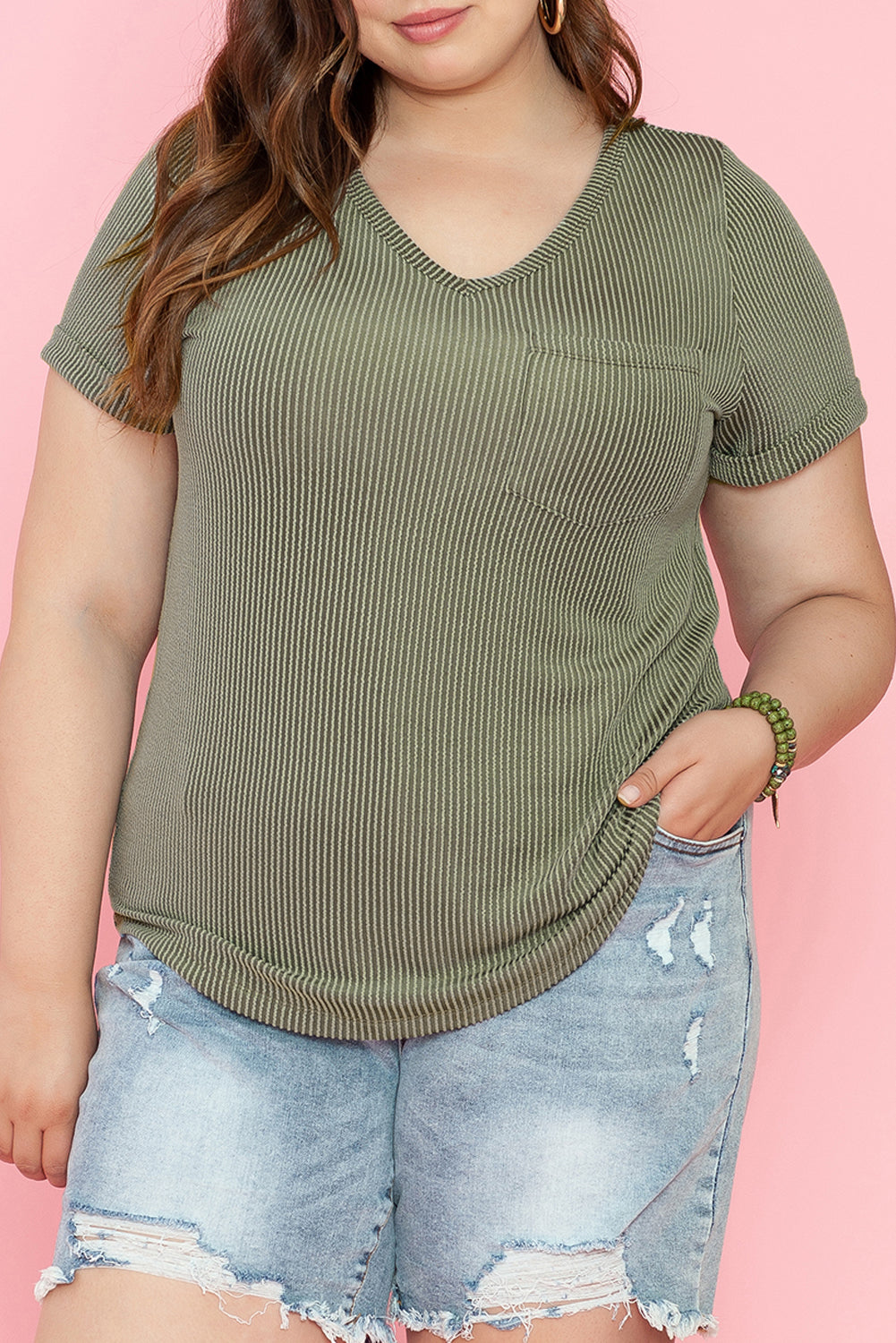 Mist Green Plus Corded V Neck Tee. PSCollection