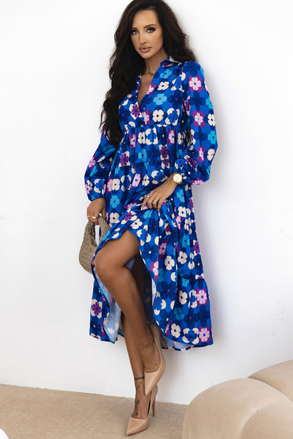 Blue Floral Tiered Ruffle Midi Dress. GCollection