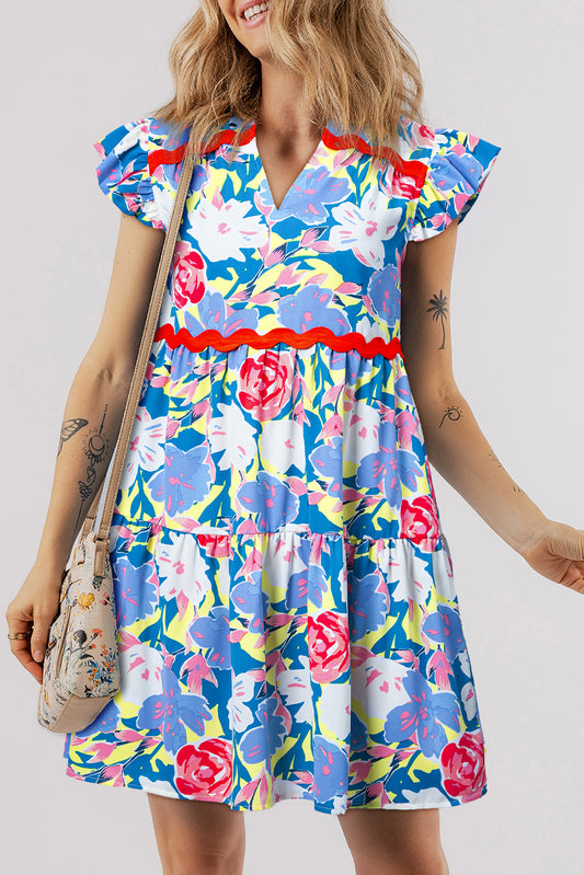Sky Blue Floral Printed V Notched Ric Rac Flutter Sleeve Dress. GCollection
