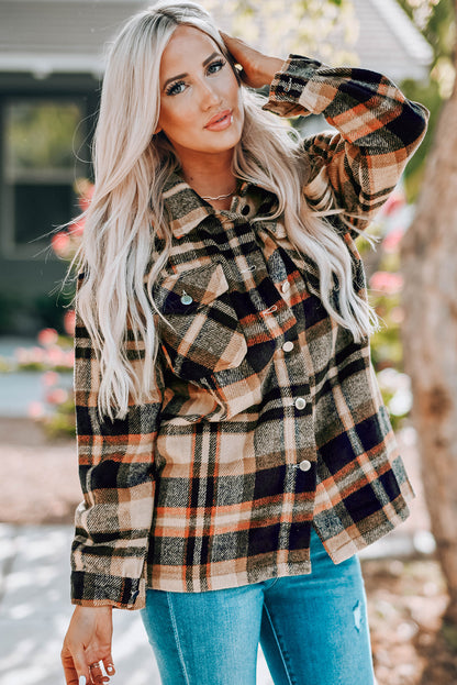 Orange Geometric Plaid Pocketed Shacket. GCollection