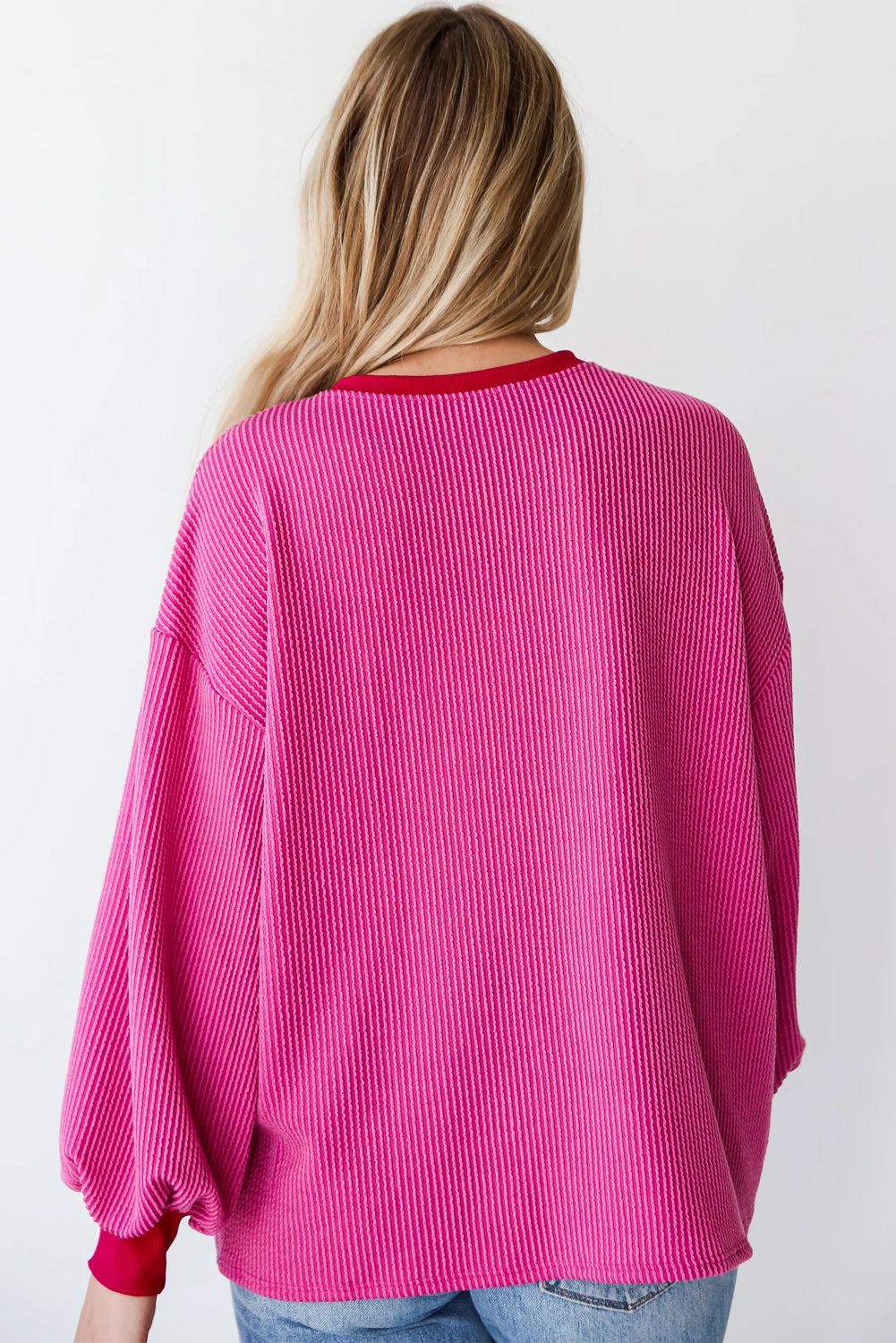 Bright Pink Corded Contrast Long Sleeve Top. GCollection