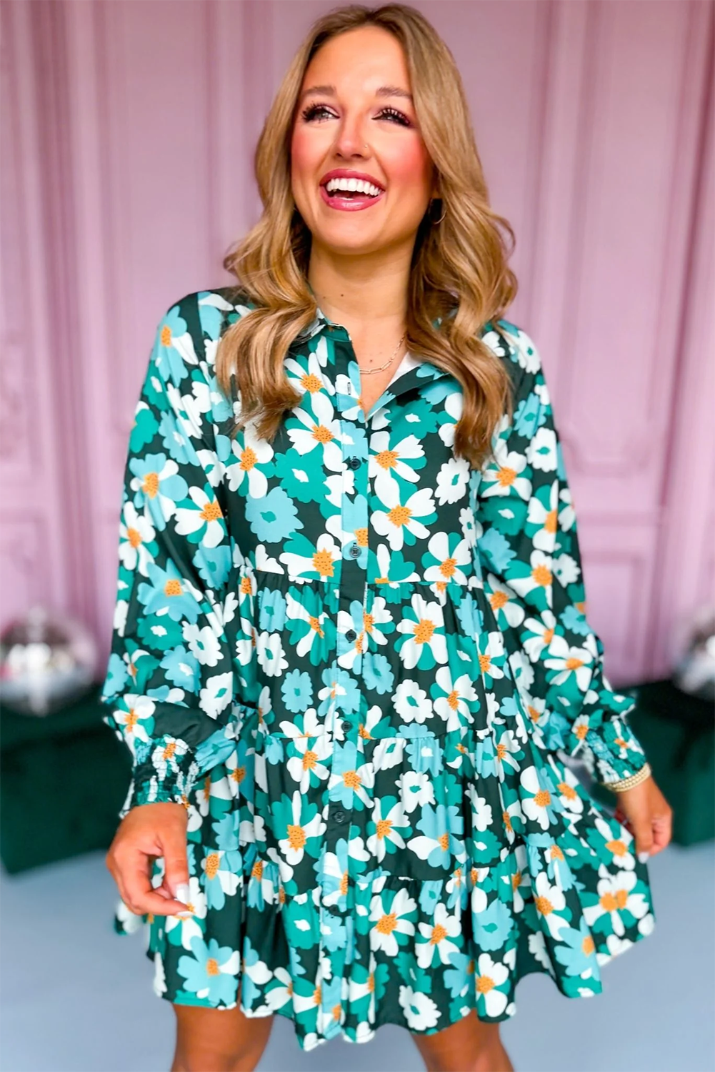 Green Floral Long Puff Sleeve Dress. GCollection