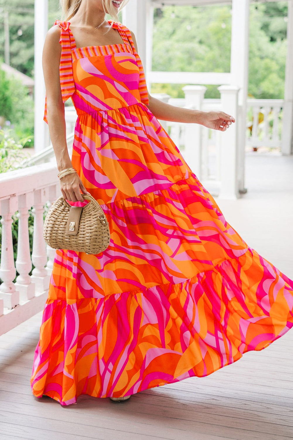 Red Abstract Print Knotted Shoulder High Waist Maxi Dress. GCollection