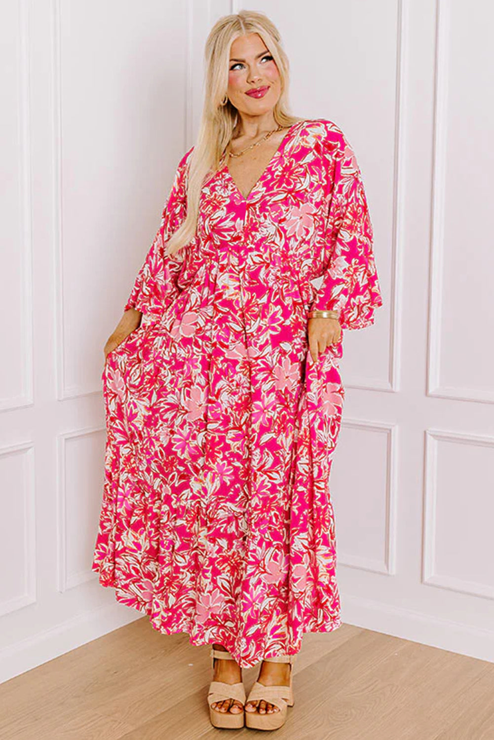 Rose Plus Size Floral V Neck Wide Sleeve Maxi Dress. PSCollection