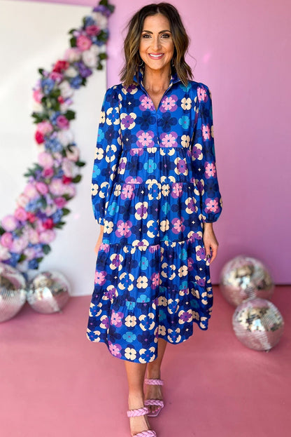 Blue Floral Tiered Ruffle Midi Dress. GCollection