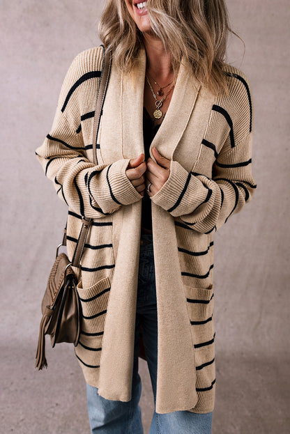 Black Stripe Open Cardigan with Pockets. GCollection