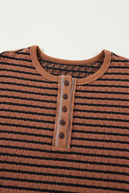 Brown Stripe Textured Long Sleeve Top. GCollection