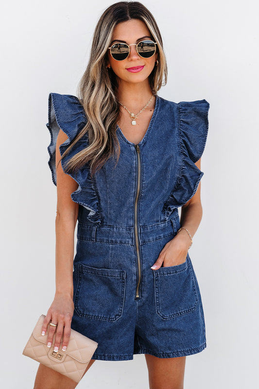 Sail Blue Denim Ruffled Zipped Front Belted Romper. GCollection