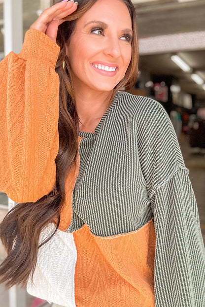 Orange Mixed Texture Color Block Long Sleeve Top. GCollection