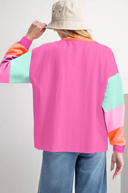 Rose Colorblock Long Sleeve Loose Top. GCollection