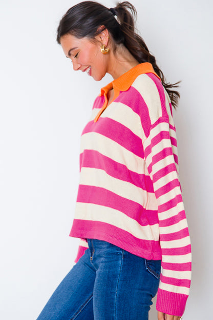 Rose Stripe Color Block Collared V Neck Drop Shoulder Sweater. GCollection