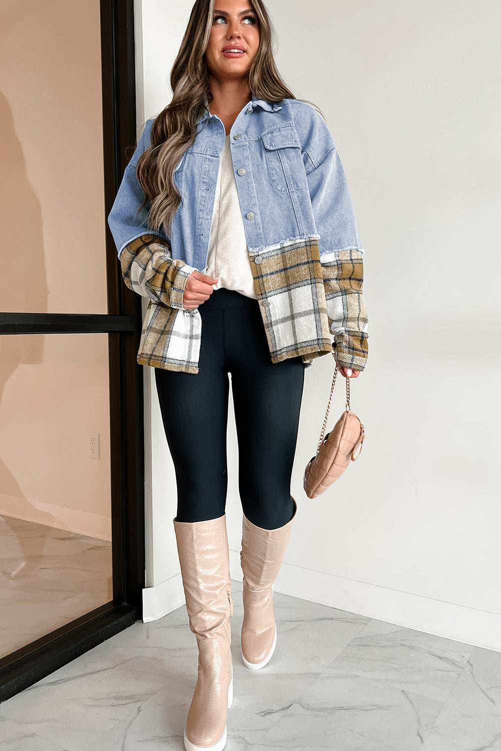 Khaki Plaid Patchwork Buttoned Oversized Denim Jacket. GCollection