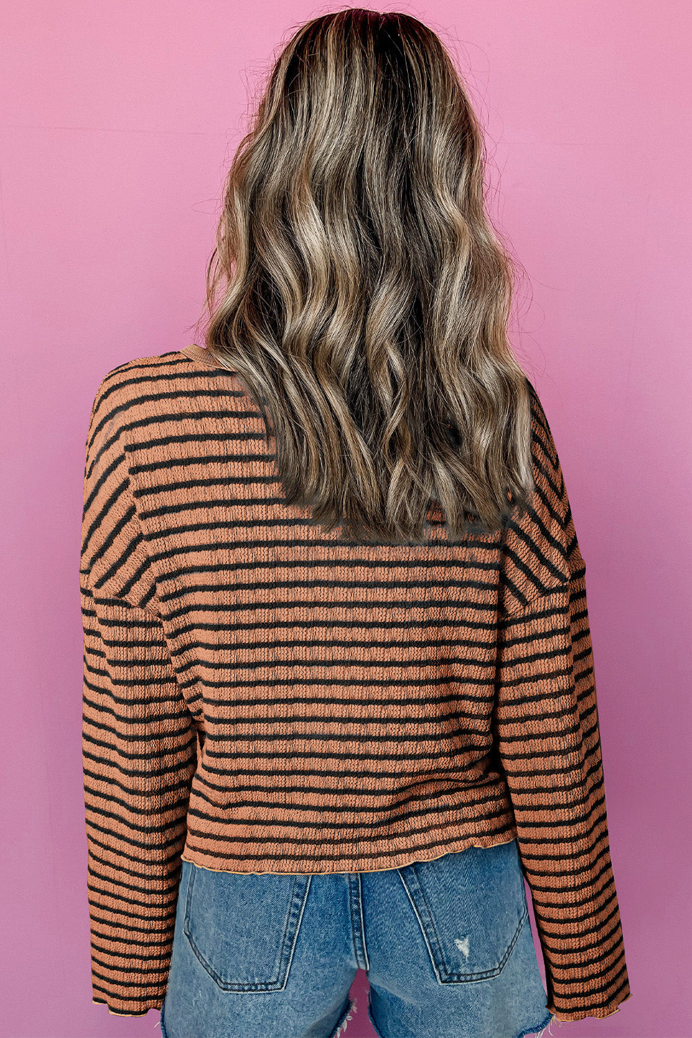 Brown Stripe Textured Long Sleeve Top. GCollection