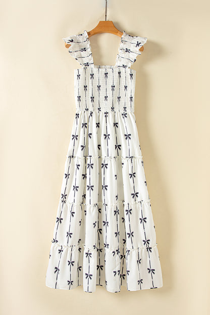 Black Bow Print Smocked Square Neck Ruffle Maxi Dress. GCollection