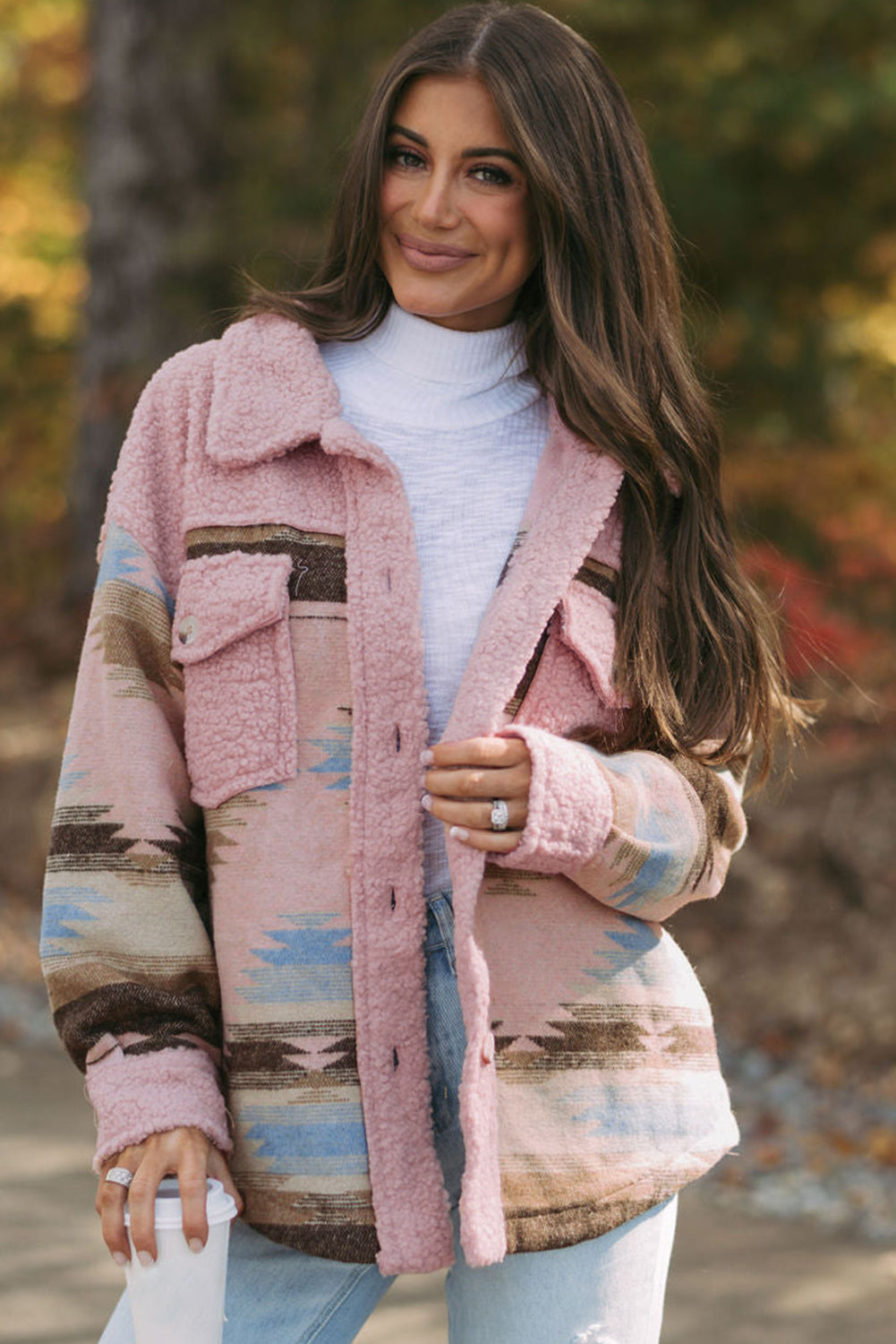 Pink Western Sherpa Splicing Buttoned Flap Pocket Coat. GCollection