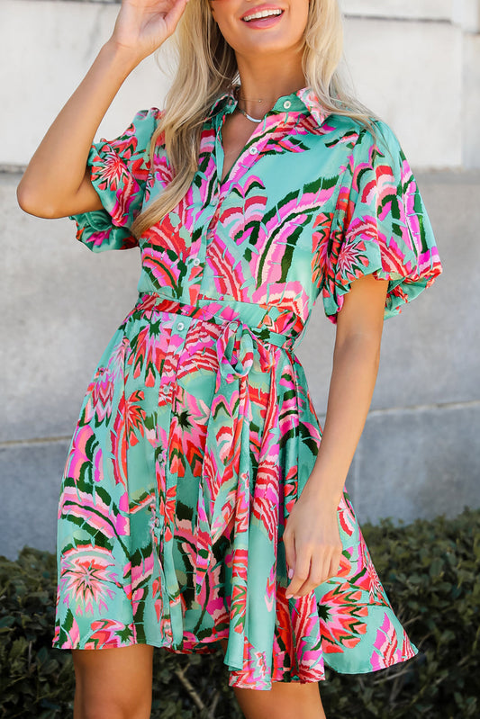 Green Abstract Print Lace-up High Waist Buttoned Mini Dress. GCollection